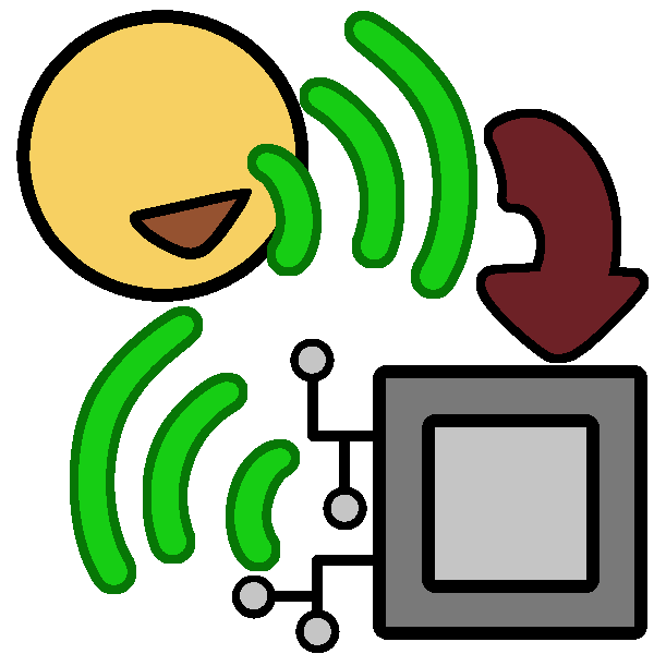 A symbol with a speaking person making sound waves. There is a red arrow pointing from the sound waves to a computer chip, which is making identical soundwaves.